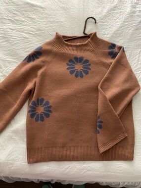 Rust Floral Knit Turtleneck Sweater with Navy Daisy Accents